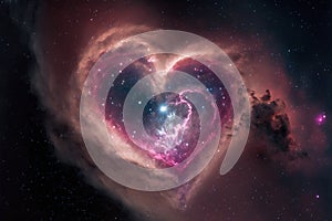 Heart shaped nebula among the stars. Pink Heart galaxy. Valentine`s Day copy-space. Generative AI