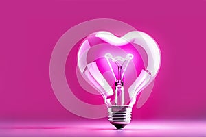 Heart shaped neon light bulb in pink background. Light BulbHeart.