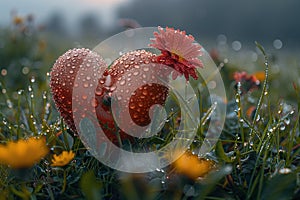 Heart-shaped object with dew in grass, morning light, and flowers,. Generated AI