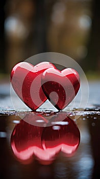 Heart-shaped object placed on a reflective surface, capturing both the heart itself and its mirrored counterpart. The