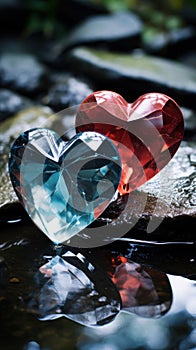 Heart-shaped object placed on a reflective surface, capturing both the heart itself and its mirrored counterpart. The