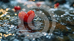 A heart shaped object sitting in a puddle of water, AI