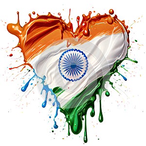 Heart shaped oil paint splash in colors of India flag on white background