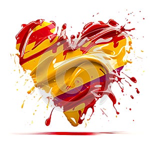 Heart shaped oil paint splash in colors of Spain flag on white background