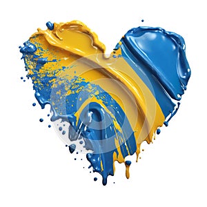 Heart shaped oil paint splash in colors of Sweden flag on white background