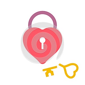 Heart-shaped padlock with broken key. Flat style vector illustration isolated on white