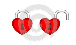 Heart shaped padlock red in locked and unlocked isolated on white, red padlock heart for love romantic feeling, heart shape