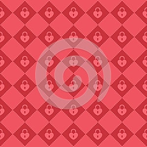 Heart shaped padlock silhouette on red background with diagonal dotted lines. Valentine`s day abstract seamless pattern.