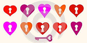Heart shaped padlocks vector logos or icons set, locks and turnkeys love theme in a shape of hearts open or closed emotions,
