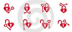 Heart shaped padlocks vector logos or icons set, locks and turnkeys love theme in a shape of hearts open or closed emotions,