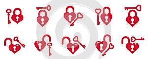 Heart shaped padlocks vector logos or icons set, locks and turnkeys love theme in a shape of hearts open or closed emotions,