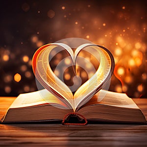 Heart shaped pages book glowing lights Valentine background