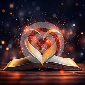 Heart shaped pages of book with magical lights dust