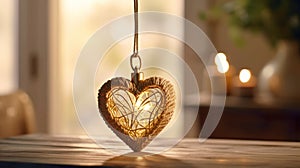 Heart-shaped pendant on a rustic wooden table, vintage golden gift nostalgic lighting