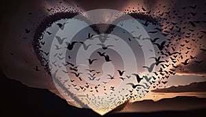 a heart shaped picture with a flock of birds flying in the sky above it at sunset or dawn with a flo