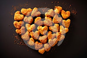 A heart shaped piece of chicken food on a black surface