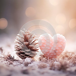 Heart shaped pine cones and heart shaped pine cones on a snowy background, AI