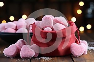 Heart-shaped pink cookie in a red bag on the table. Perfect gift for valentines day celebration