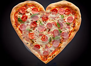 Heart shaped pizza on dark background, fast food restaurant background