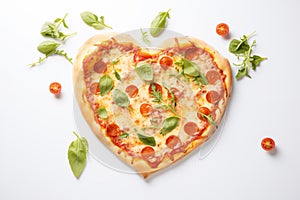 heart-shaped pizza. Valentine\'s Day dinner concept. with copy space