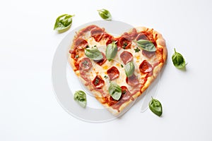 heart-shaped pizza. Valentine\'s Day dinner concept. with copy space