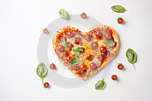 heart-shaped pizza. Valentine\'s Day dinner concept. with copy space