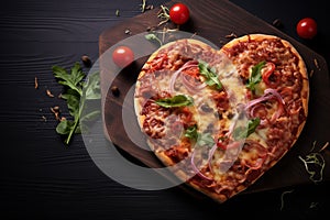 heart-shaped pizza. Valentine\'s Day dinner concept. with copy space