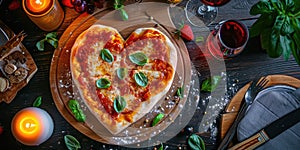 Heart shaped pizza for Valentines day on wooden background pragma