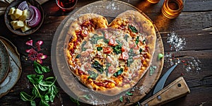 Heart shaped pizza for Valentines day on wooden background pragma