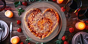 Heart shaped pizza for Valentines day on wooden background pragma