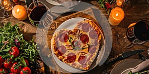 Heart shaped pizza for Valentines day on wooden background pragma