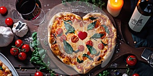 Heart shaped pizza for Valentines day on wooden background pragma