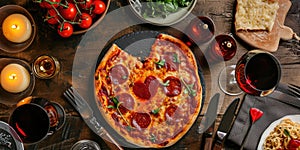 Heart shaped pizza for Valentines day on wooden background pragma