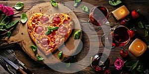 Heart shaped pizza for Valentines day on wooden background pragma