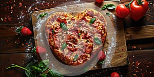 Heart shaped pizza for Valentines day on wooden background pragma