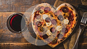 Heart-shaped pizza and wine bottle and glass prepared for Valentine\'s Day on a wooden table