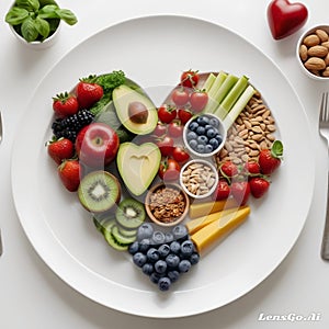 Heart shaped plate full of healthy foods