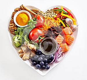 Heart-shaped plate of healthy heart foods