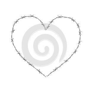 Heart shaped realistic glossy barbed wire on white