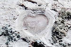 Heart shaped recess on the shore of a pink lake. Love in the nature