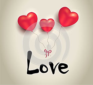 Heart shaped red balloons with inscription love on paper background, Happy Valentine`s Day, greeting card