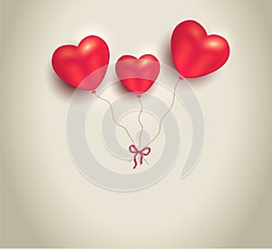 Heart shaped red balloons with inscription love on paper background, Happy Valentine`s Day, greeting card blank