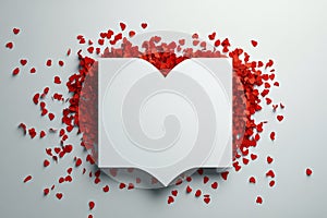 Heart shaped red petals surround an open blank book on a light background