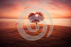 Heart shaped red tree on the field