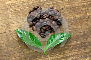 Heart shaped roasted coffee beans and leaves