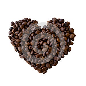 Heart shaped roasted coffee beans on white background, isolated