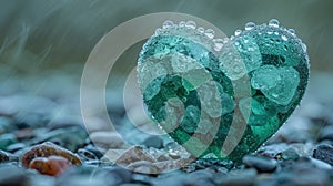 A heart shaped rock covered in rain drops sitting on a pile of rocks, AI