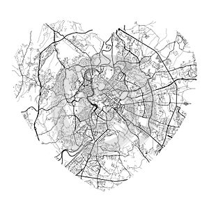 Heart shaped Rome city vector map. Black and white colors. Roads, streets, rivers