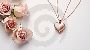 a heart-shaped rose gold pendant necklace on a white background, to accentuate the romanticism and elegance of the