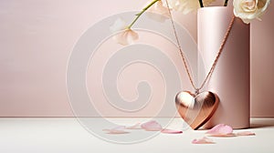 a heart-shaped rose gold pendant necklace on a white background, to accentuate the romanticism and elegance of the